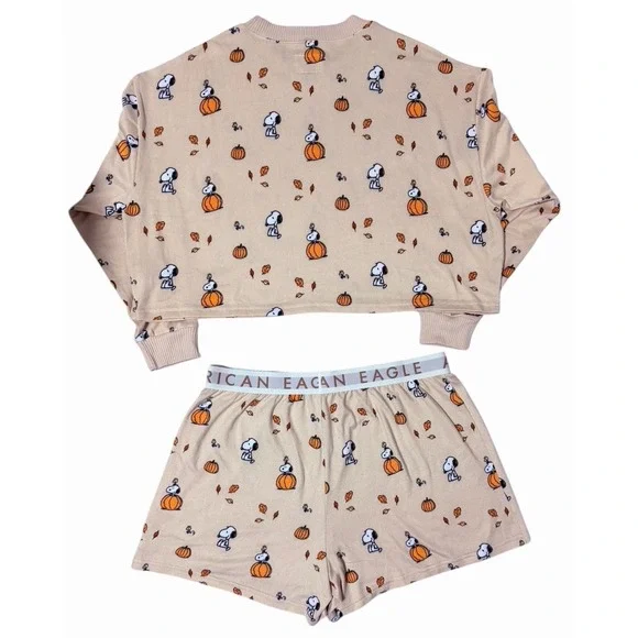 American Eagle Peanuts Fall Pumpkin Snoopy Plush Pajama Set Women's Size Large - Picture 2 of 16